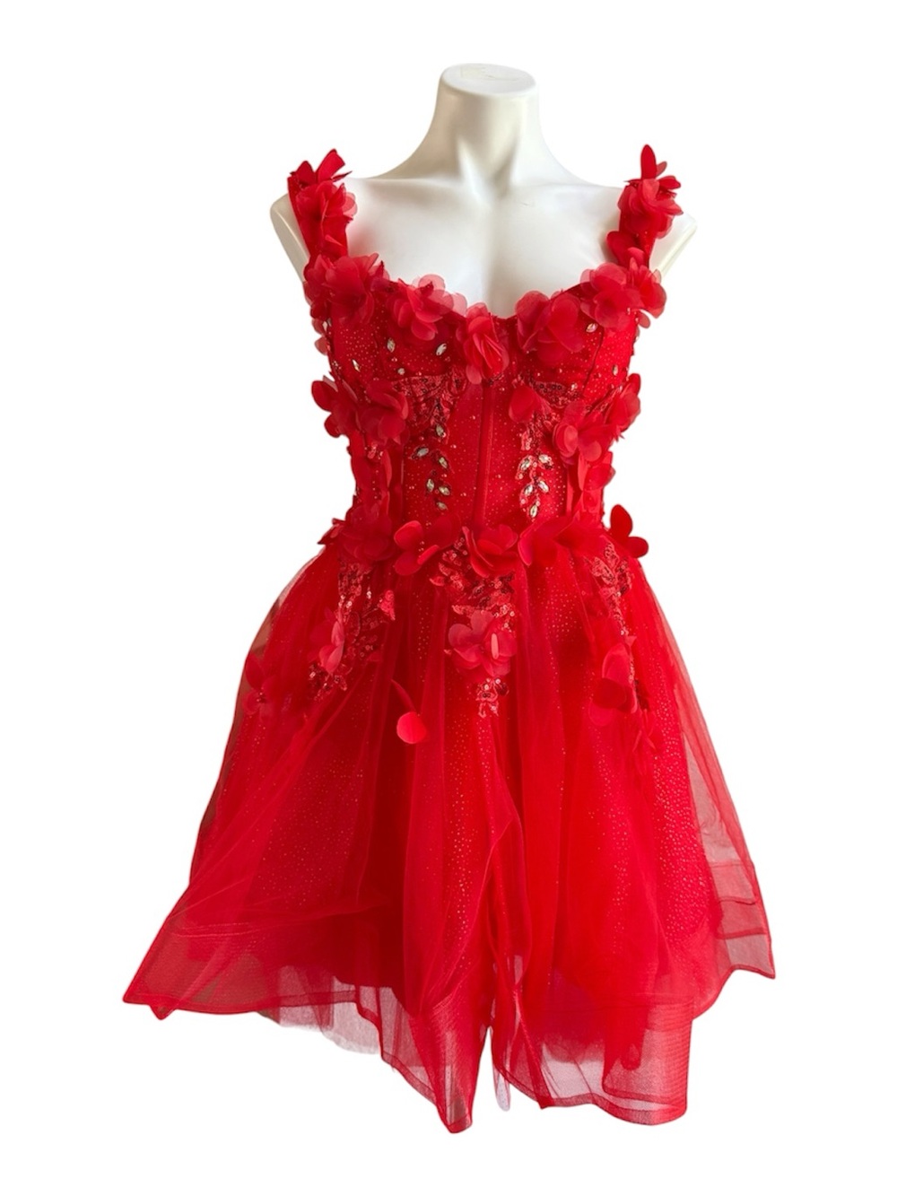 Warm Notices Floral-Bodice Short Babydoll Homecoming Dress Red NWT
